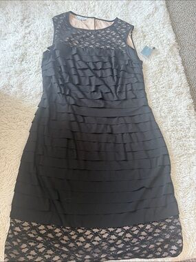London Times Black Lace-Trim Tiered Midi Dress